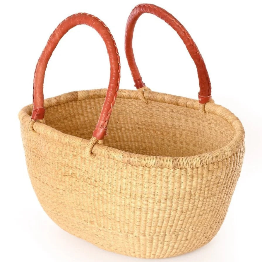 Natural Large Oval Bolga Basket with Leather Handle
