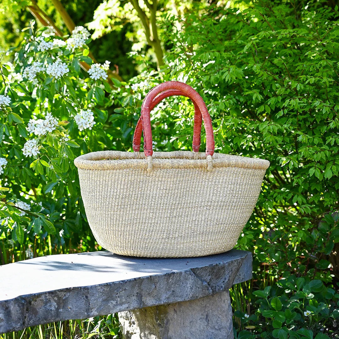 Natural Large Oval Bolga Basket with Leather Handle